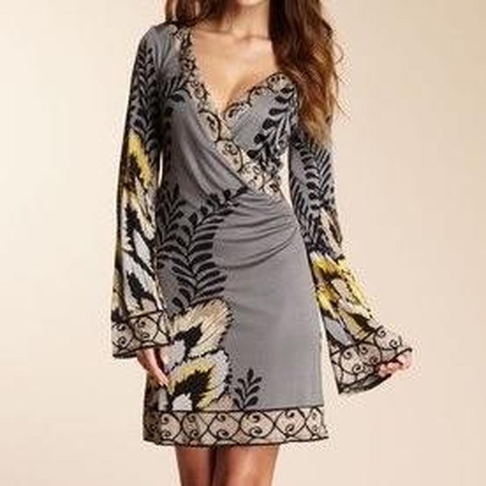 Y2K Hale Bob 100% Silk Embellished Plunge Mini Dress Bell Sleeve S